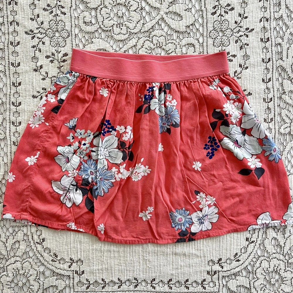 Old Navy Girl’s M/8 Coral Blue White Floral Mini Skater Skirt Elastic Waist